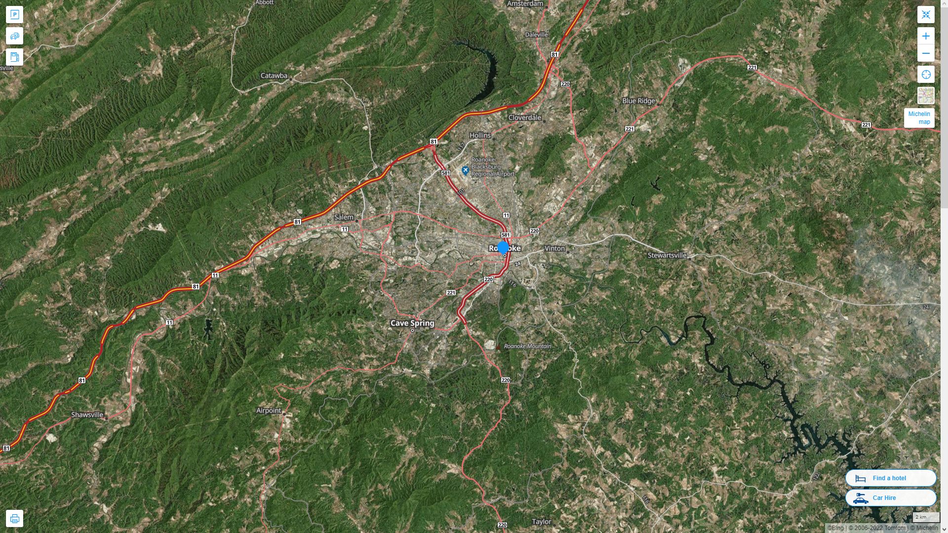 Roanoke Virginia Highway and Road Map with Satellite View